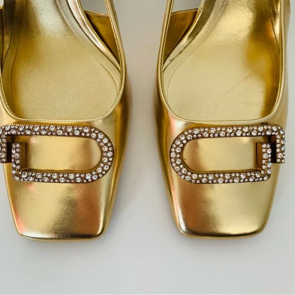 ZARA Embellished Block Heel Slingback Shoes Gold - Picture 7 of 15